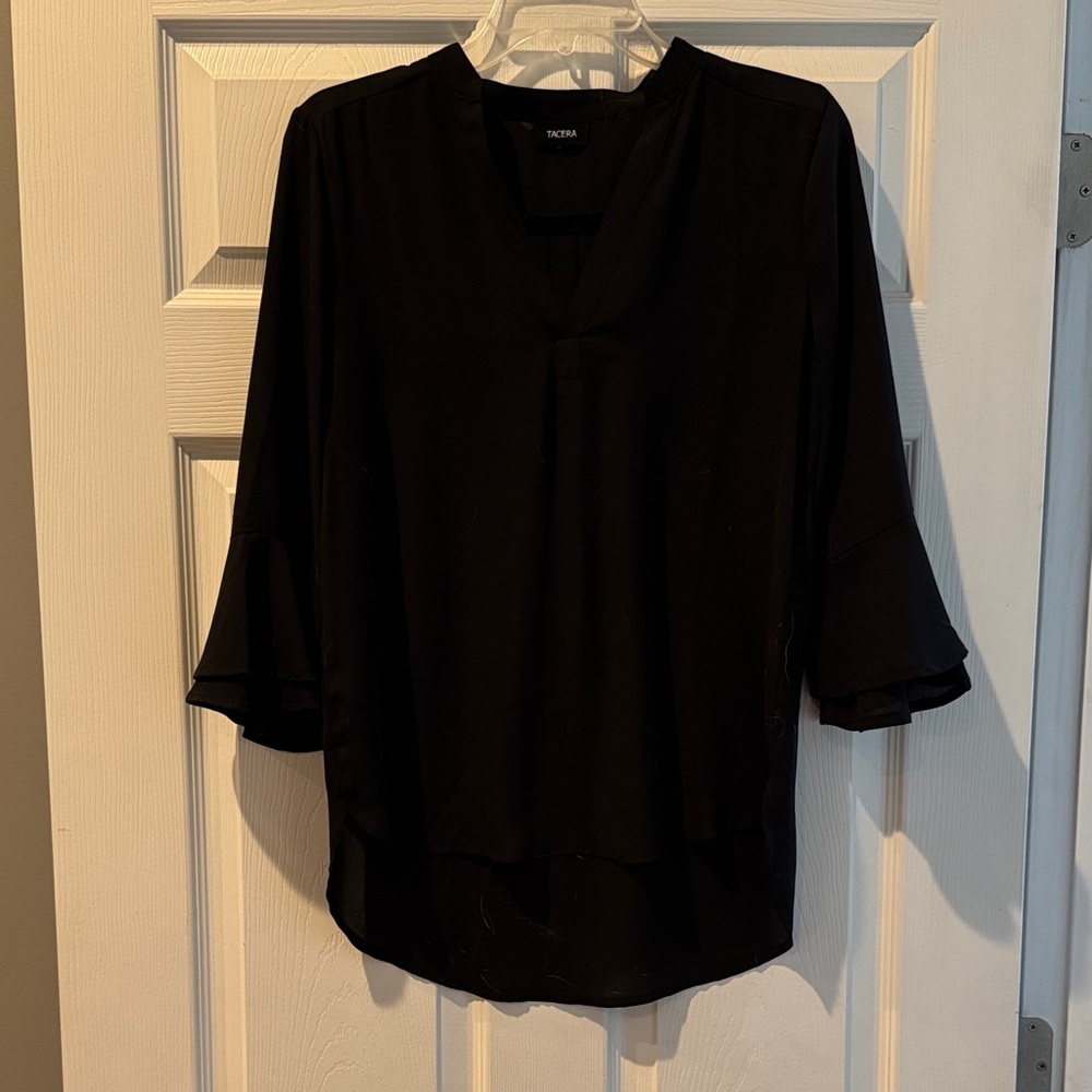 Tacera Elegant Black Blouse with Ruffled Sleeves